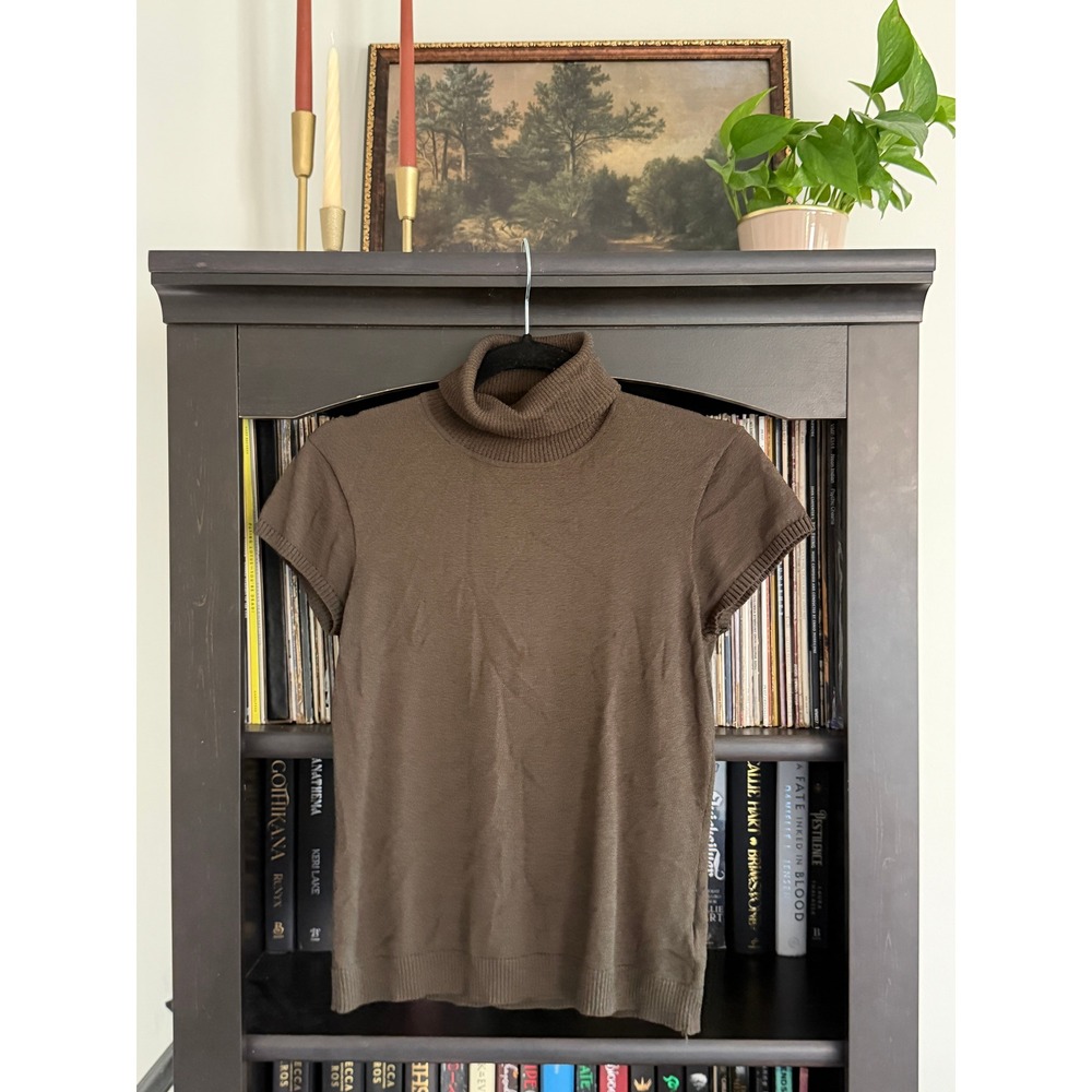 Jones New York Turtleneck Sweater M Brown Short Sleeve Knit Ribbed Trim Top